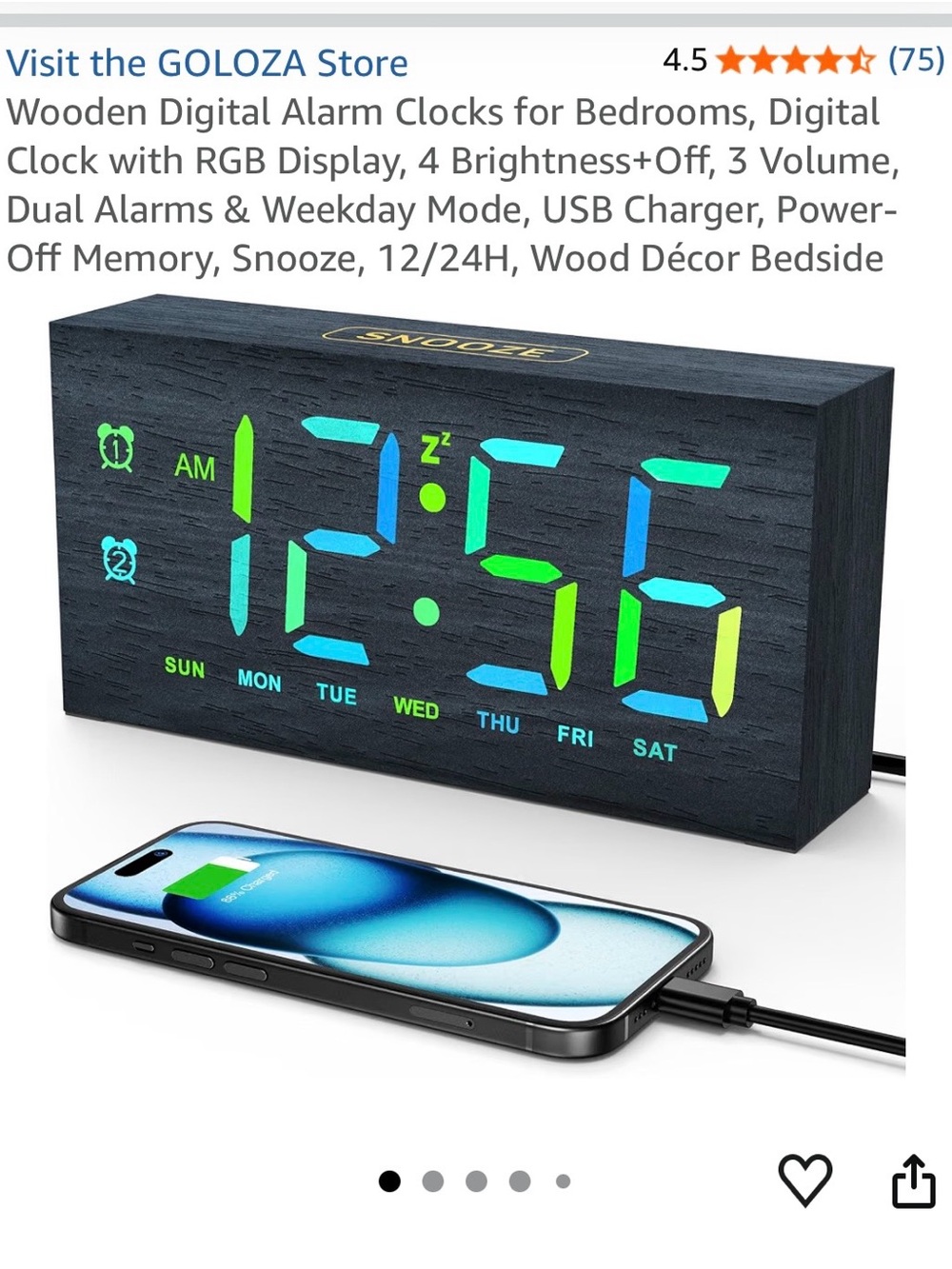 Wooden Digital Alarm Clock with RGB Display - Black